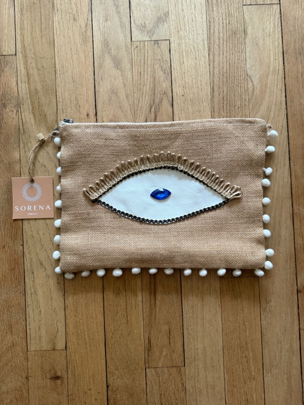 Sorena Greece Handmade Burlap Evil Eye Pompom Clutch Bag Chain NWT! $130